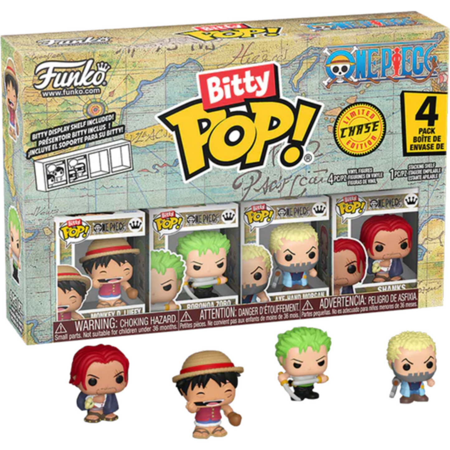 One Piece - Monkey D. Luffy, Roronoa Zoro, Axe-Hand Morgan & Chase Bitty Pop! Vinyl Figure 4-Pack