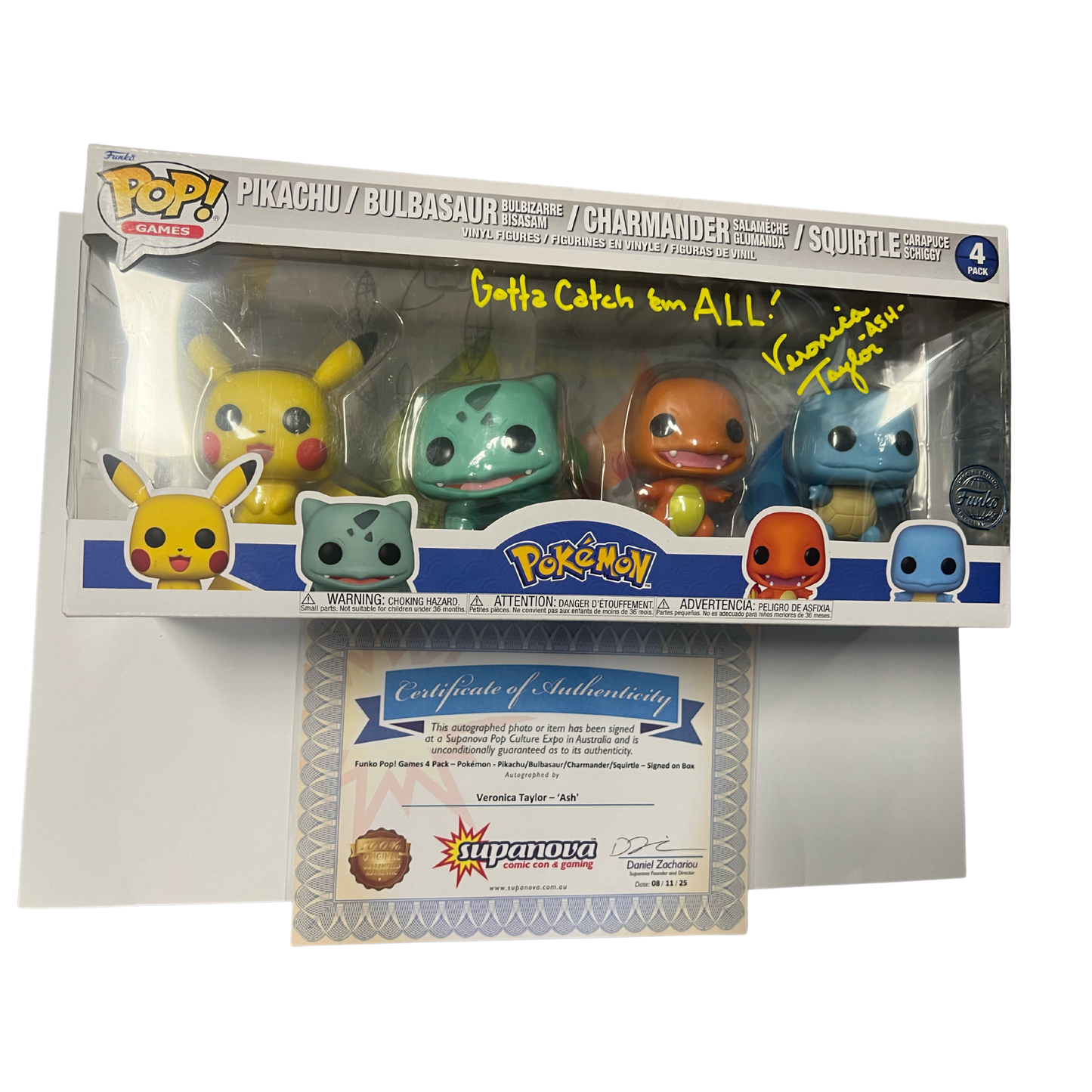 
                  
                    Pokémon – Pikachu, Bulbasaur, Charmander & Squirtle (Starters) Pop! Vinyl 4-Pack (Signed Edition with Certificate of Authenticity by Veronica Taylor)
                  
                