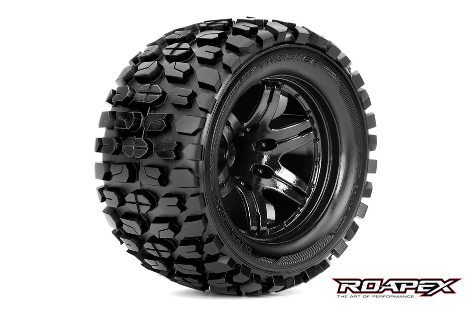 ROAPEX - TRACKER 1/10 MONSTER TRUCK TIRE BLACK WHEEL WITH 1/2 OFFSET 12MM HEX MOUNTED - Command Elite Hobbies