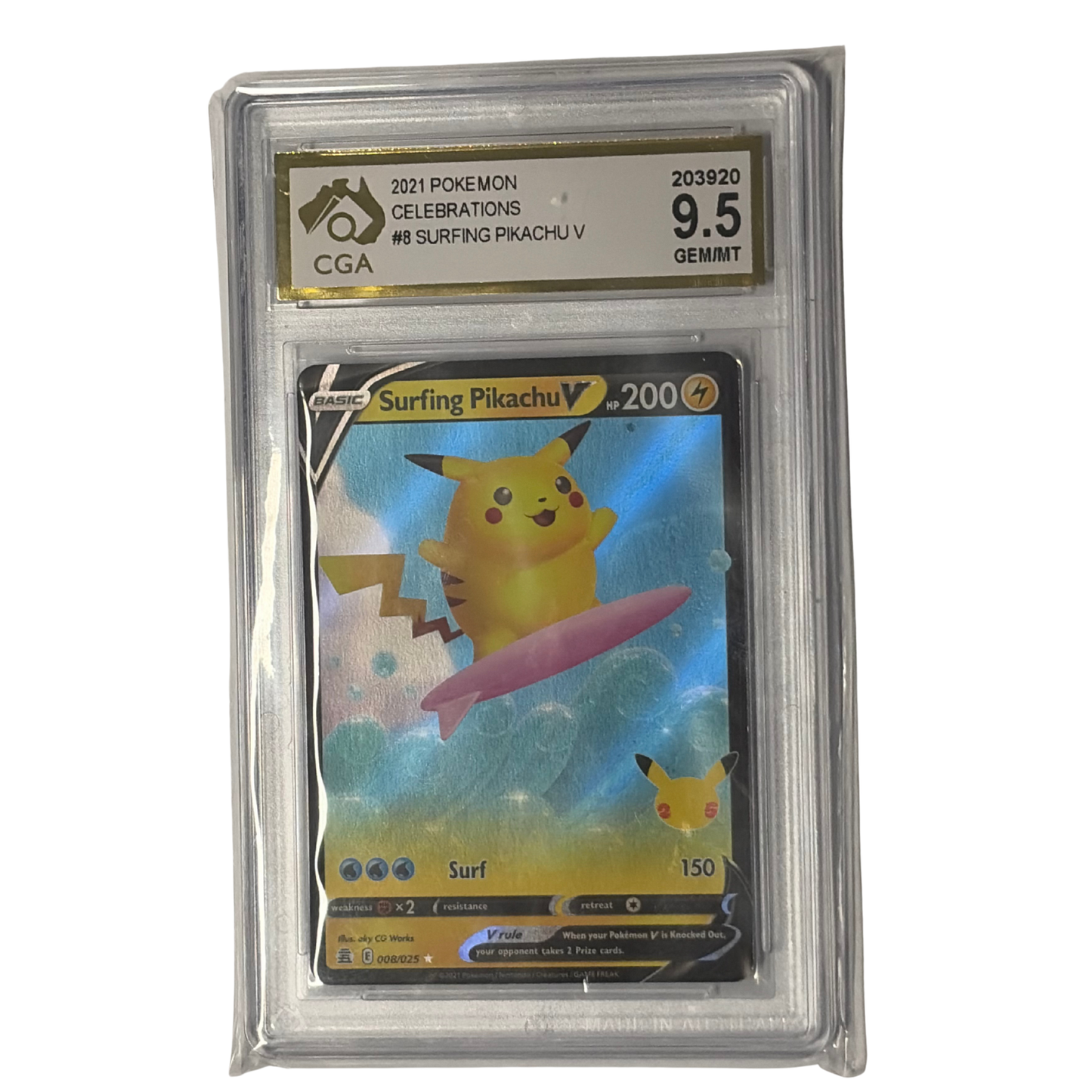 
                  
                    CGA Graded Pokemon Celebrations #8 Surfing Pikachu V - Graded 9
                  
                