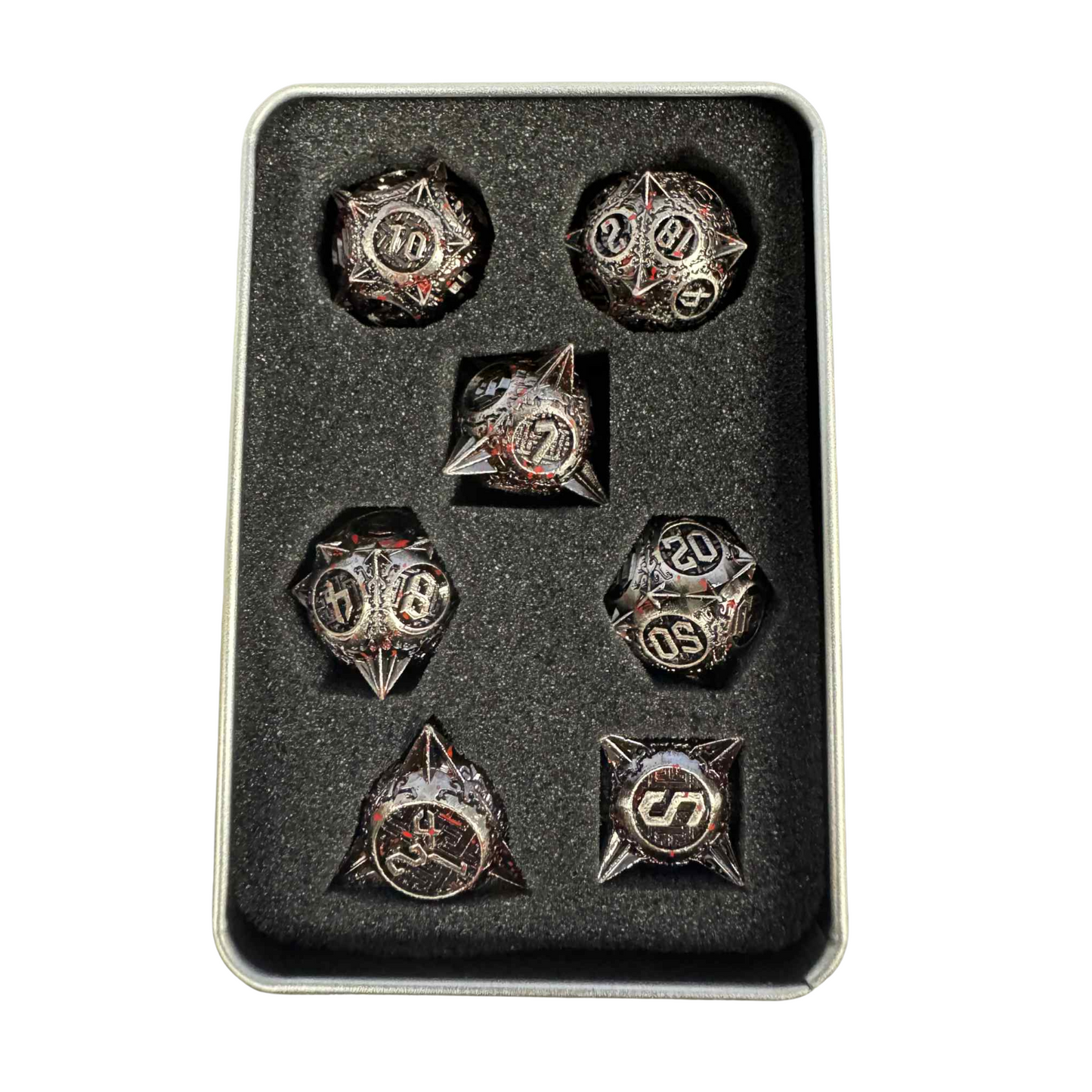 
                  
                    Spiked 7pcs Metal Dice Set - Silver with Blood Splatter
                  
                