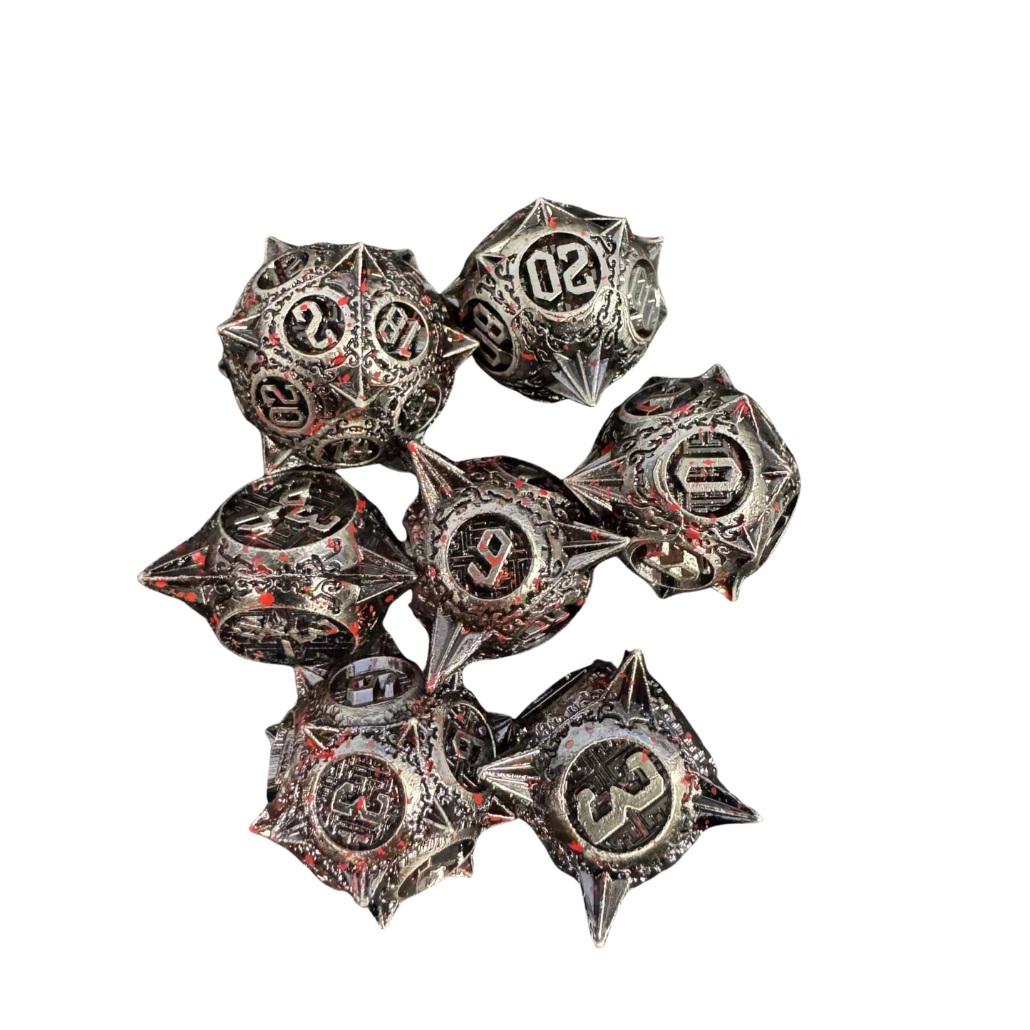 
                  
                    Spiked 7pcs Metal Dice Set - Silver with Blood Splatter
                  
                