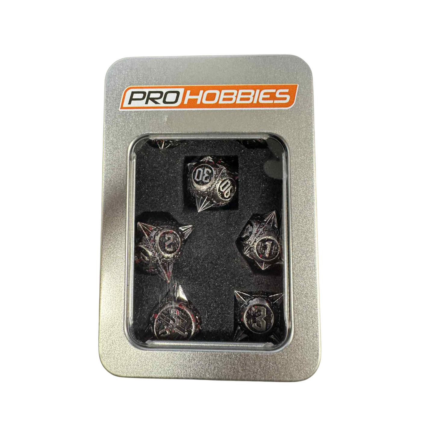 
                  
                    Spiked 7pcs Metal Dice Set - Silver with Blood Splatter
                  
                