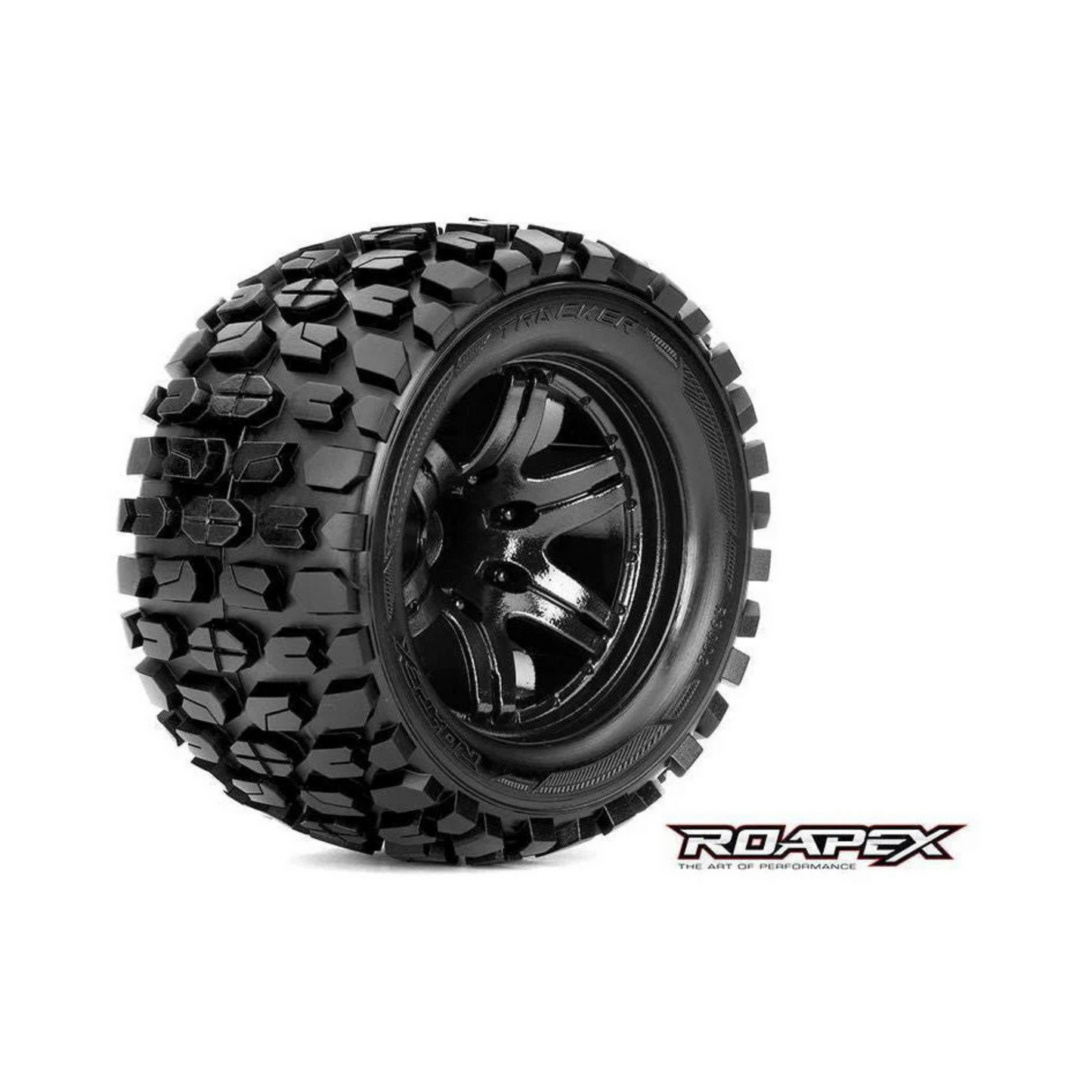 ROAPEX - TRACKER 1/10 MONSTER TRUCK TIRE BLACK WHEEL WITH 1/2 OFFSET 12MM HEX MOUNTED